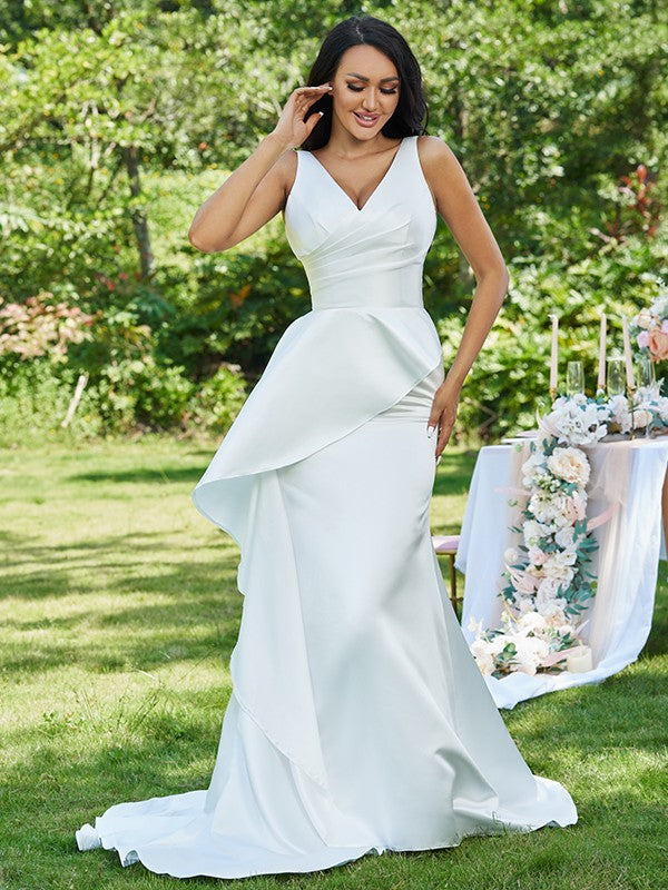 Wholesale Sheath/Column Satin Ruffles V-neck Sleeveless Sweep/Brush Train Wedding Dresses